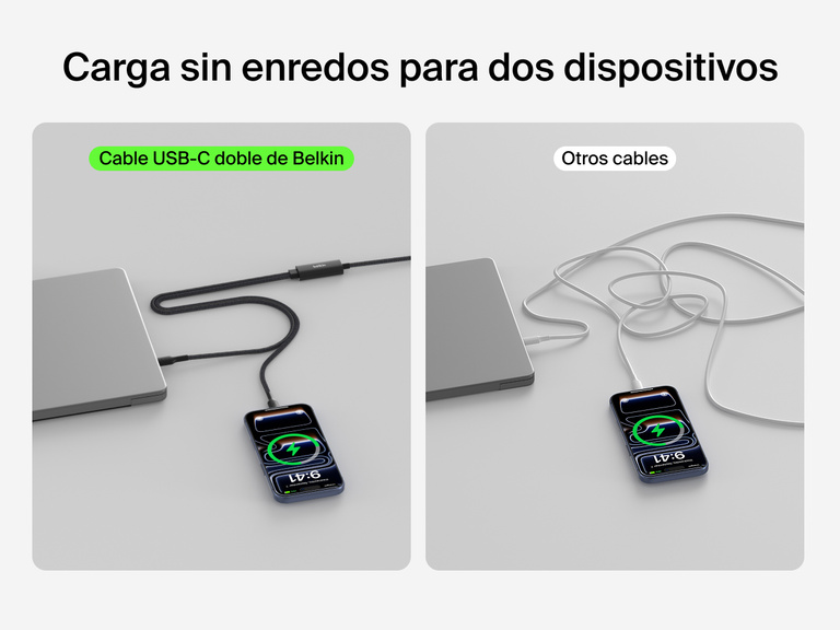 El cable trenzado USB-C a doble USB-C BoostCharge Pro de Belkin permite cargar con facilidad y sin enredos dos dispositivos sin necesidad de usar un segundo cable. En esta imagen se compara su uso con el de instalaciones convencionales con dos cables.